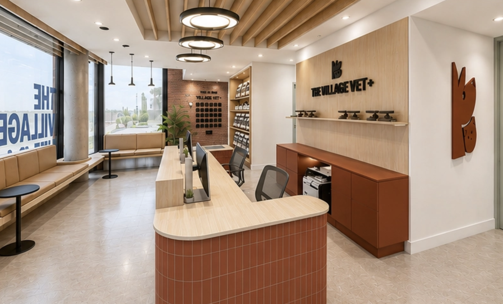 Interior rendering of the reception and waiting area at The Village Vet+ Annex