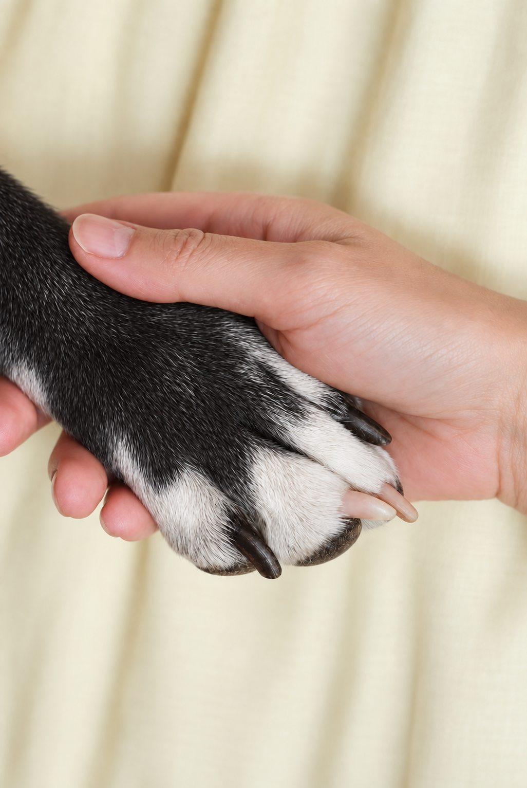 A person gently holding a black and white dog’s paw